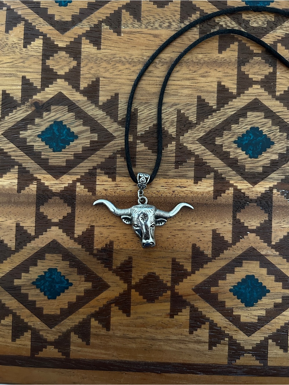 Silver Longhorn Pendant Necklace with Black Cord